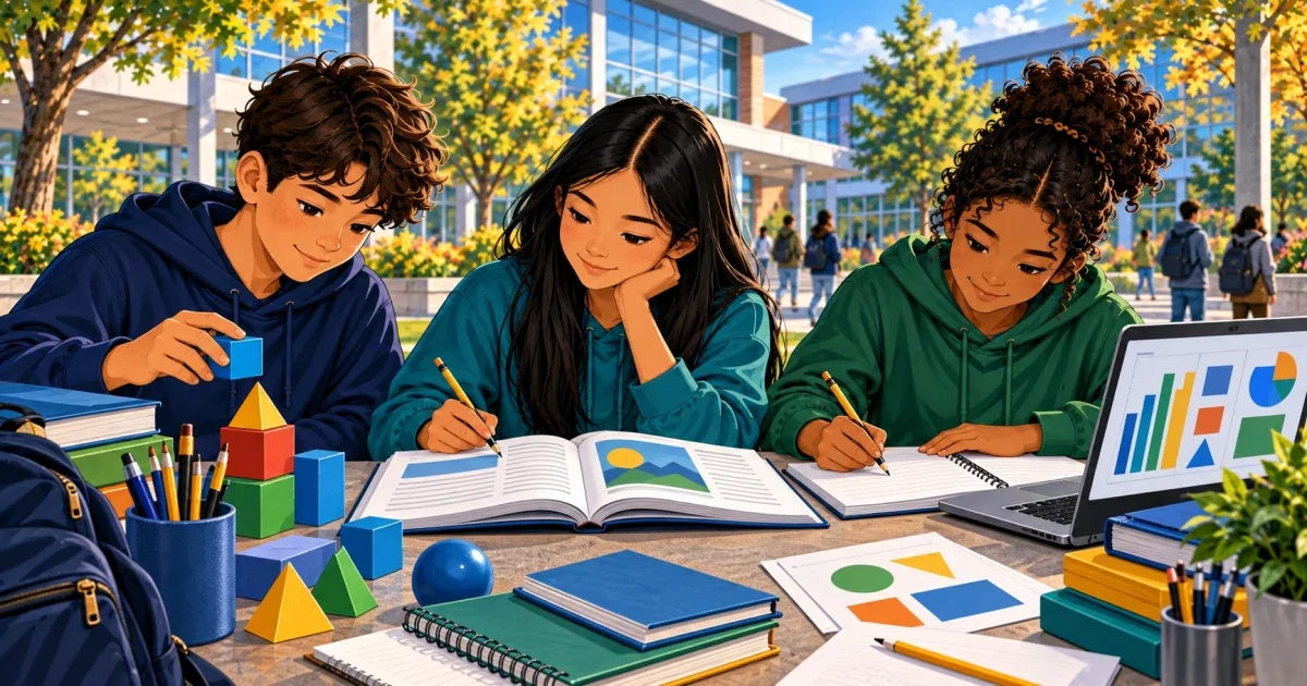 Flat illustration of a middle school student studying at a desk with math and science notes, representing HCPS Specialty Center Assessment preparation in Henrico County Virginia