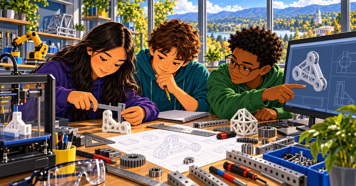 Flat illustration of a middle school student at a desk with engineering blueprints and a pencil, representing HCPS Specialty Center Assessment test prep for the Center for Engineering at Highland Springs