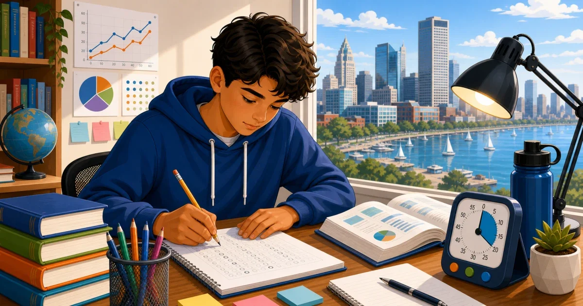 Flat illustration of a student studying STEM materials with a North Carolina state test document and a school building representing Highland School of Technology in Gaston County
