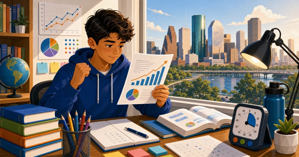 Flat illustration of a student reviewing a score report at a desk with Houston skyline and STEM icons in the background