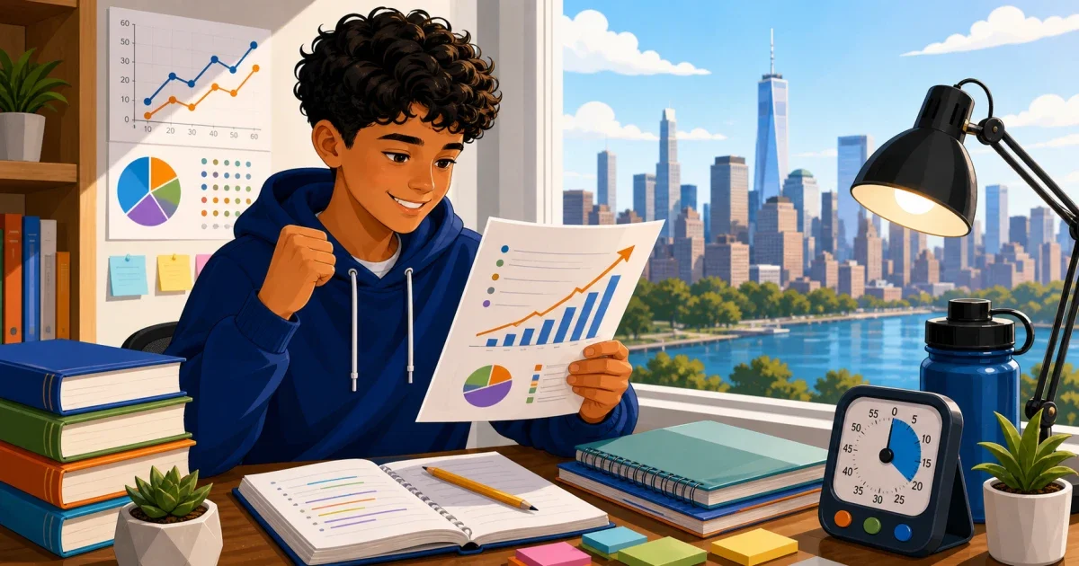 Middle school student preparing for the Brooklyn Tech SHSAT on a laptop with math equations and a Brooklyn Bridge silhouette in the background