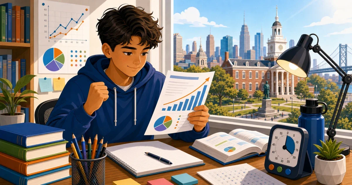 Flat illustration of a student studying STEM subjects with Philadelphia cityscape in the background, bright professional colors