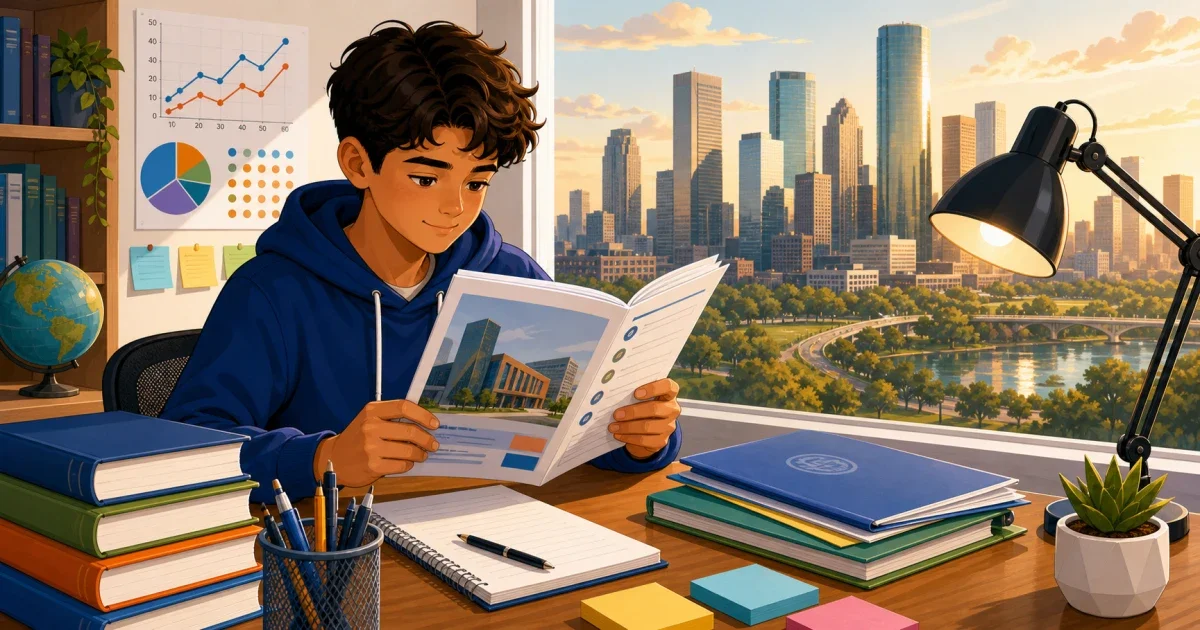 Middle school student reviewing STAAR scores and core course grades for Energy Institute High School admissions in Houston