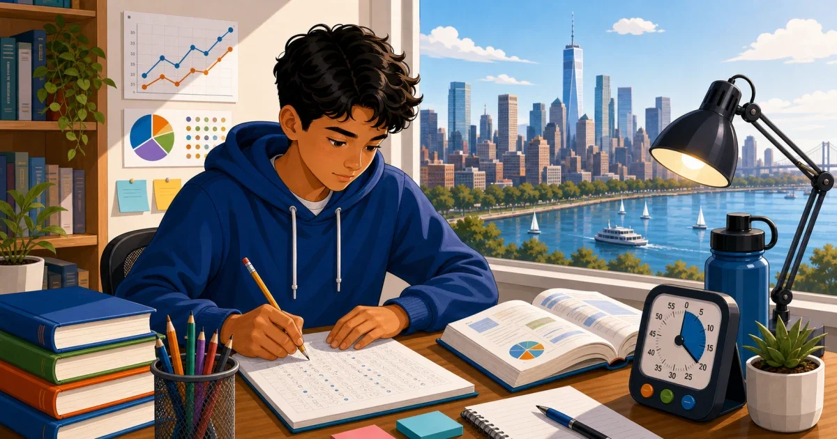 Flat illustration of a student at a computer working through a STEM problem, with a stylized New York City skyline and mathematical symbols in the background