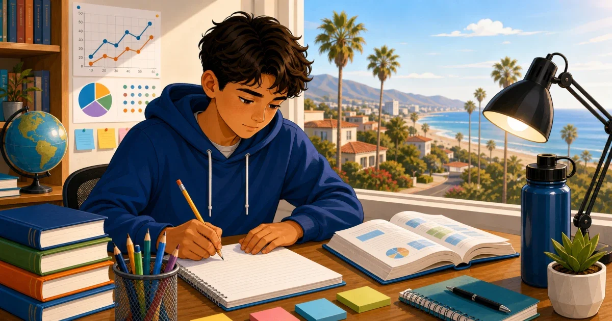 Flat illustration of a student studying STEM materials at a desk with a San Diego coastal skyline in the background, representing La Jolla Country Day School ISEE preparation