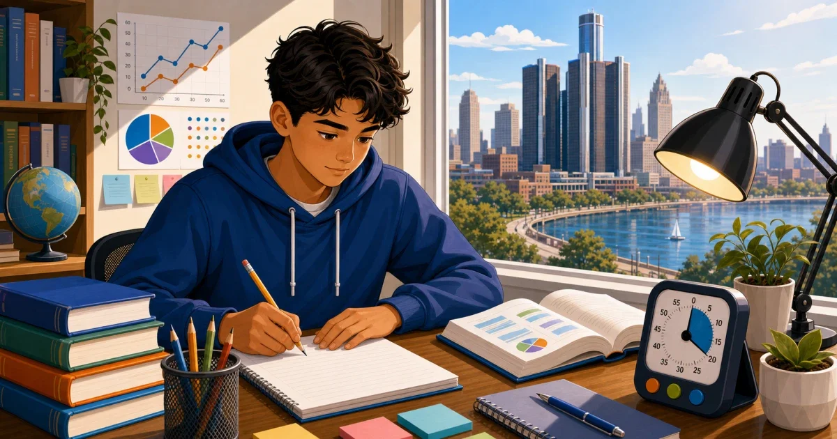 Flat illustration of a Detroit 8th-grade student studying at a desk with STEM and writing materials, representing Renaissance High School admissions preparation