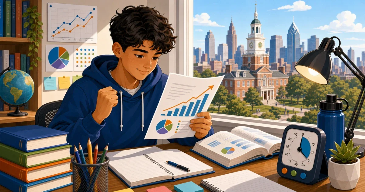 A student presenting a project on a screen to an interviewer in a bright Philadelphia classroom setting, flat illustration style
