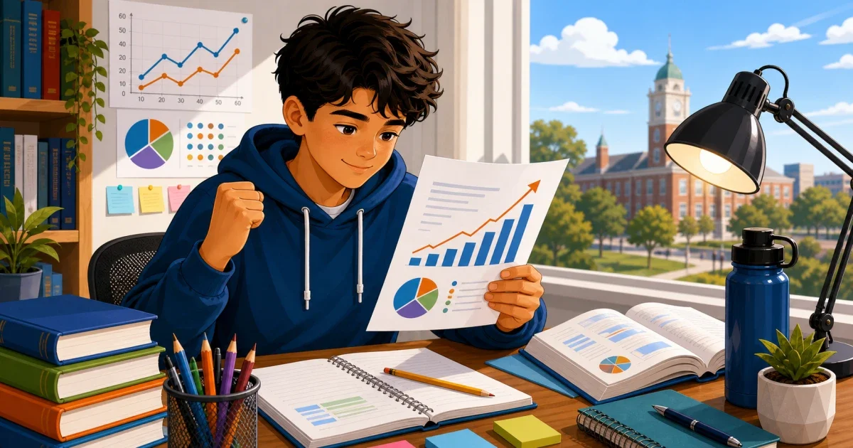 Flat illustration of a student studying STEM concepts at a desk with math and science icons, representing S&T Flowers High School PSAT admissions prep