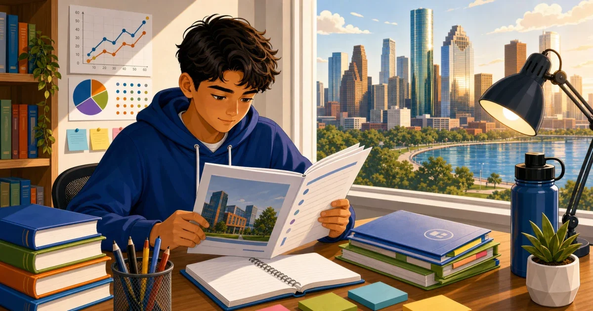 Flat illustration of an 8th grade student studying at a desk with a Houston skyline and school building in the background, representing St. Pius X High School admissions preparation