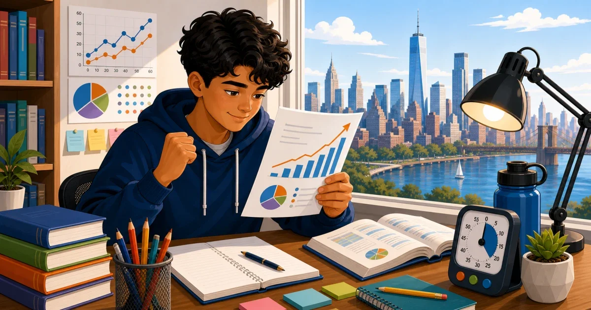 Flat illustration of a student studying math and science problems on a laptop with a New York City skyline in the background, representing Staten Island Technical High School SHSAT prep