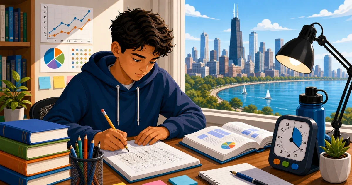 Flat illustration of a middle school student studying at a desk with math and reading materials, Chicago skyline in the background