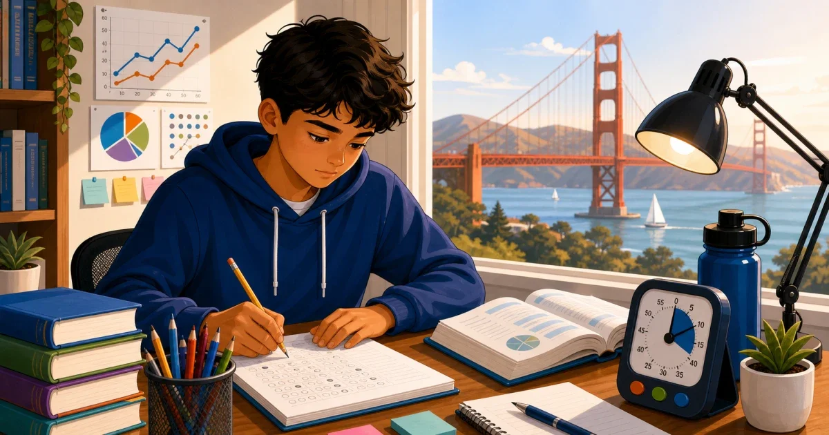 Flat illustration of a female student studying at a desk with math and logic symbols, representing HSPT prep for Notre Dame High School Belmont