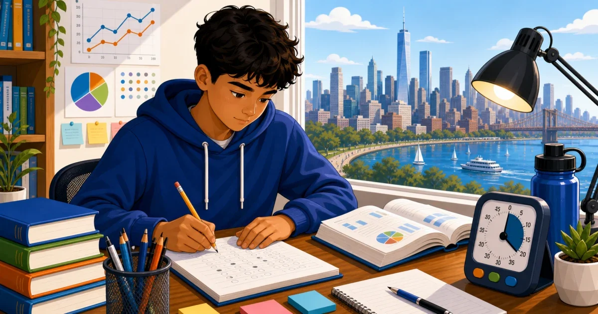 Flat illustration of a focused 8th-grade student preparing for the HSPT with math and verbal practice materials, set against a clean Bay Area school background