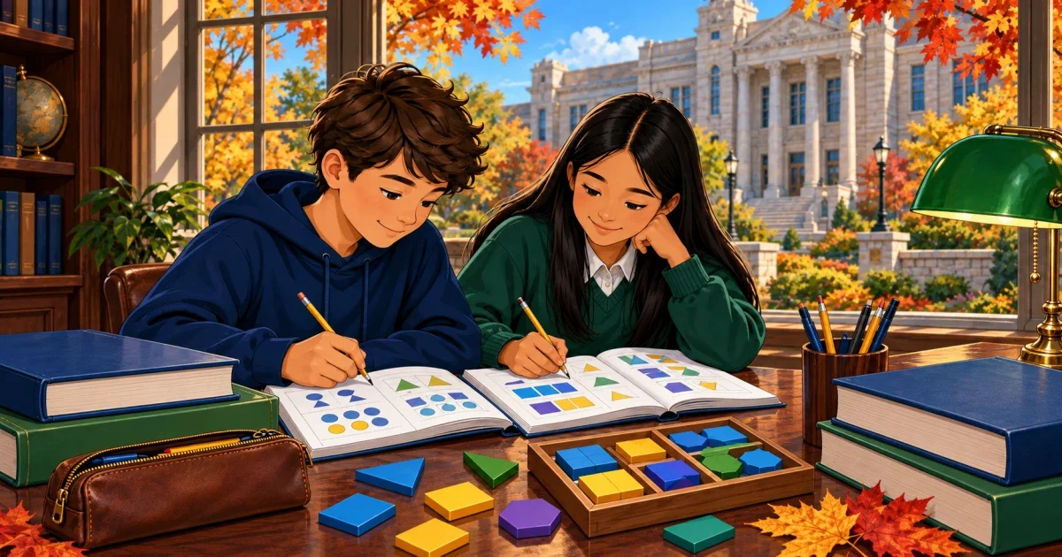 Flat illustration of a focused 8th grade student studying math and logic problems with Rockhurst High School colors in the background