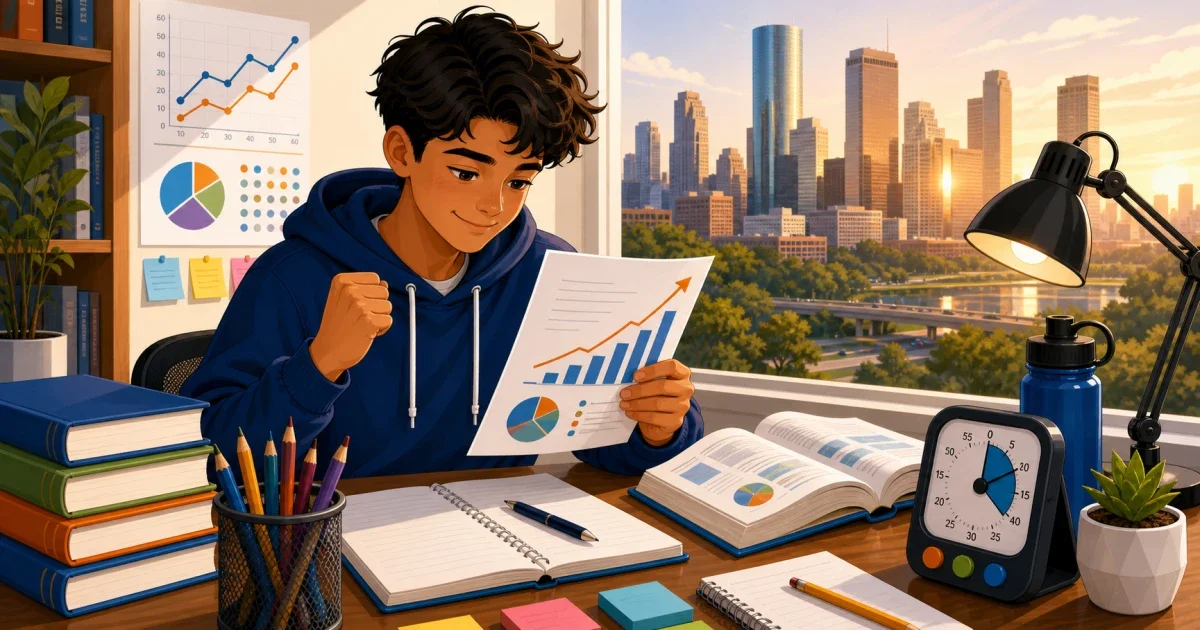 Flat illustration of a 7th-grade student studying at a desk with a stethoscope and math graphs in the background, representing DeBakey High School for Health Professions HISD magnet admissions prep