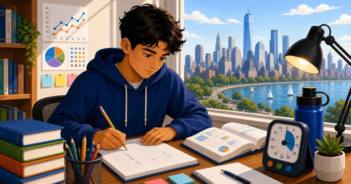 Flat illustration of a student studying at a desk with a digital tablet showing math and reading questions, representing SHSAT prep for HSAS-Lehman College in New York City