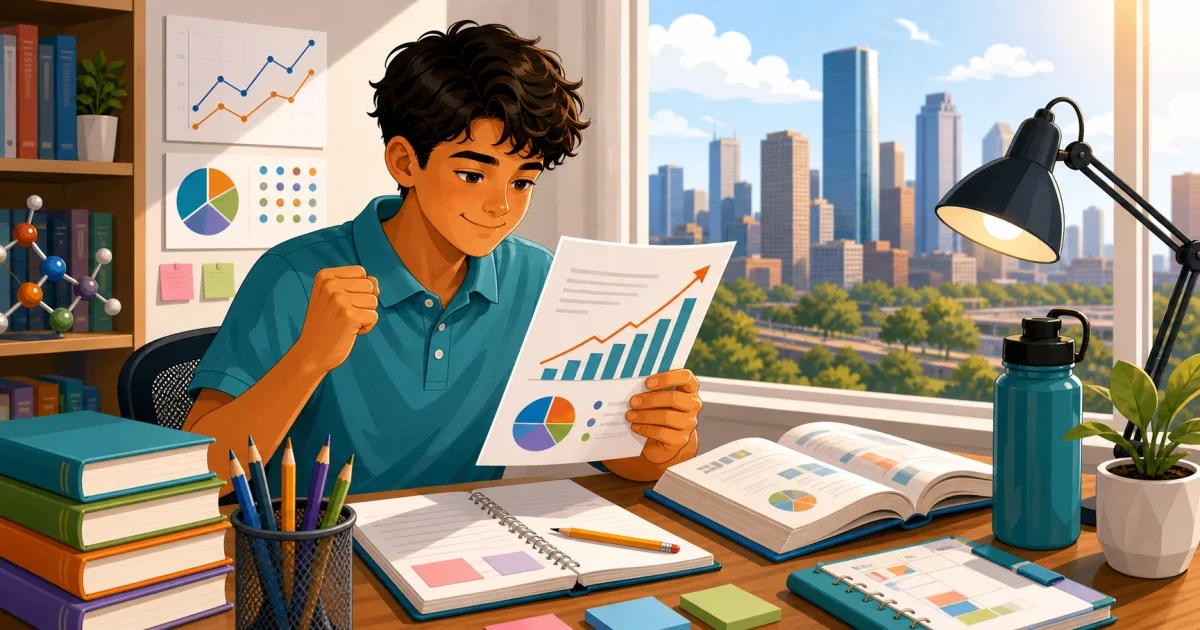 Flat illustration of a focused middle school student working through a standardized test at a desk, with a San Francisco Bay Area skyline and STEM symbols in the background