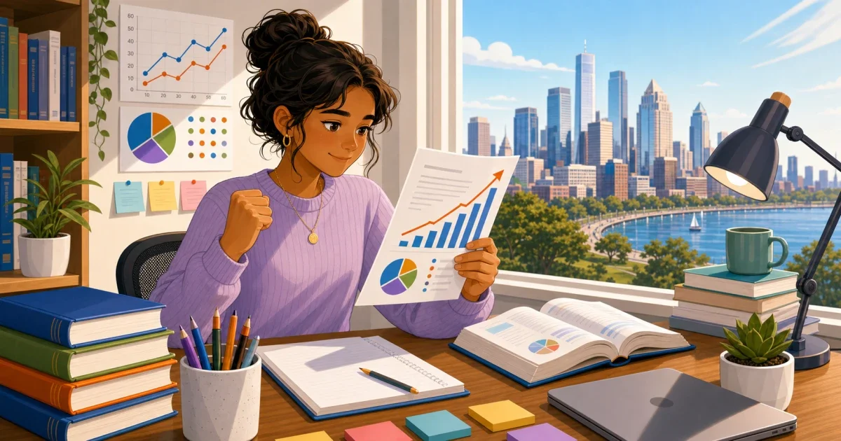 Flat illustration of a focused middle school student working through a timed standardized test at a desk, with a Denver city skyline and academic motifs in the background