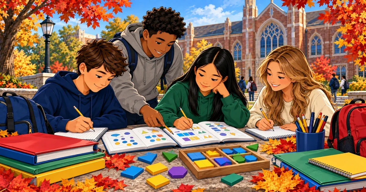 Flat illustration of a student studying at a desk with HSPT prep materials, Columbus Ohio skyline in the background, bright professional colors