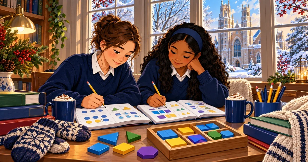 Flat illustration of a middle school girl studying math and reasoning problems at a desk, with Buffalo and academic imagery in a bright, professional color palette