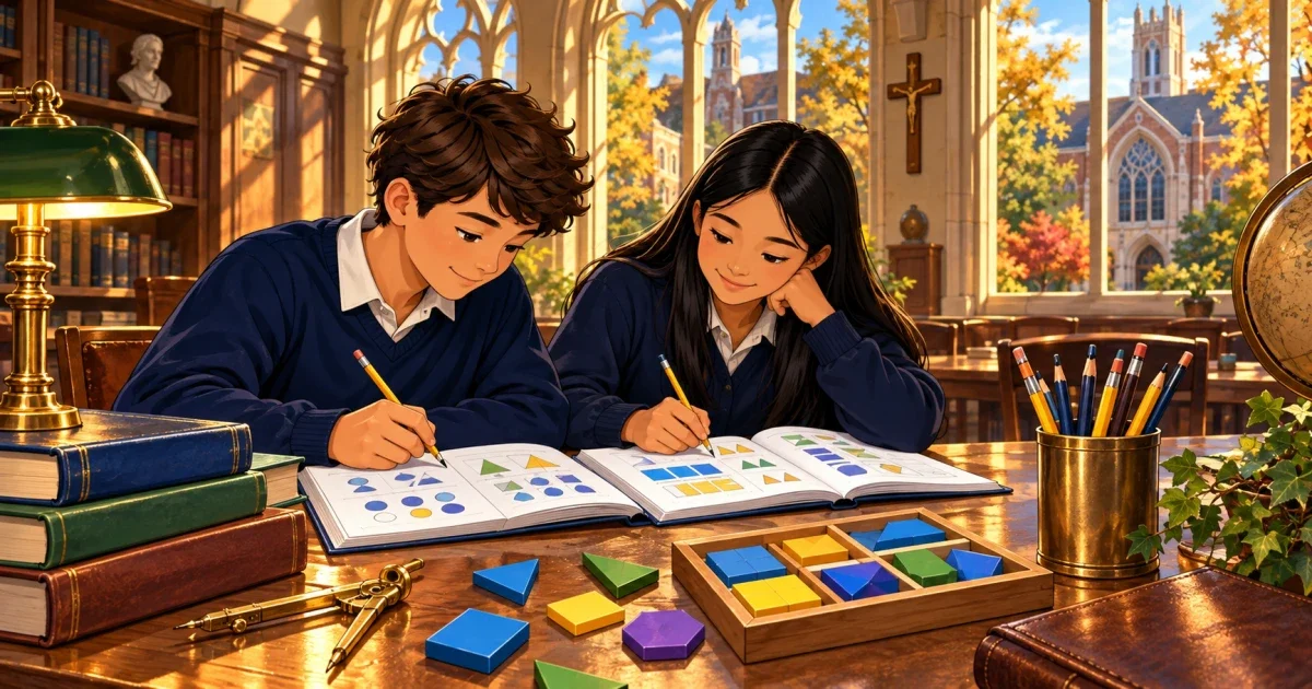 Flat illustration of an 8th grade student studying math and logic problems at a desk, with the Sacramento skyline in the background
