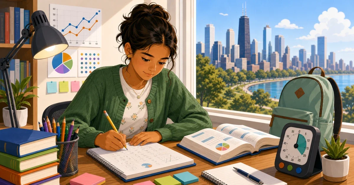 Flat illustration of an 8th-grade student studying math and reasoning problems at a desk, with a Phoenix skyline and school building in the background