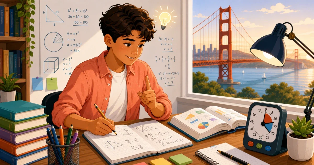 8th grade student completing a timed HSPT quantitative reasoning practice test with Bay Area school setting in the background