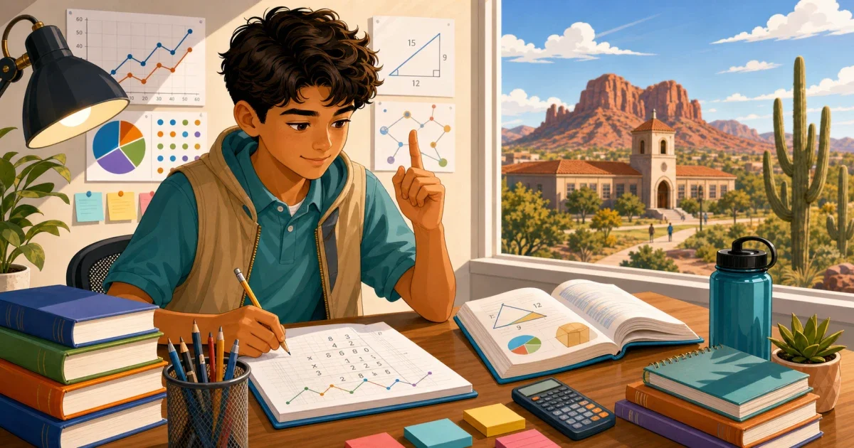 Middle school student practicing HSPT quantitative skills problems on paper with a stopwatch, preparing for Brophy College Preparatory admissions in Phoenix