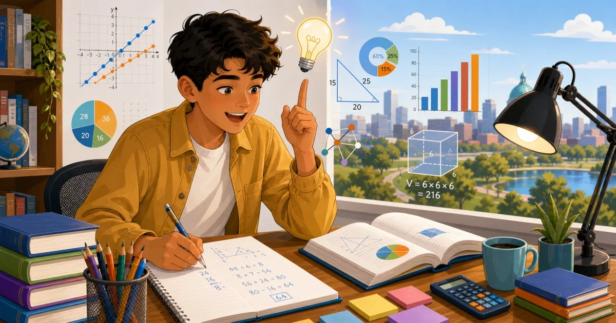 A focused 8th-grade student working through a pattern-recognition worksheet at a desk, with geometric shapes and number sequences visible on the page, flat illustration style in blue and gold tones