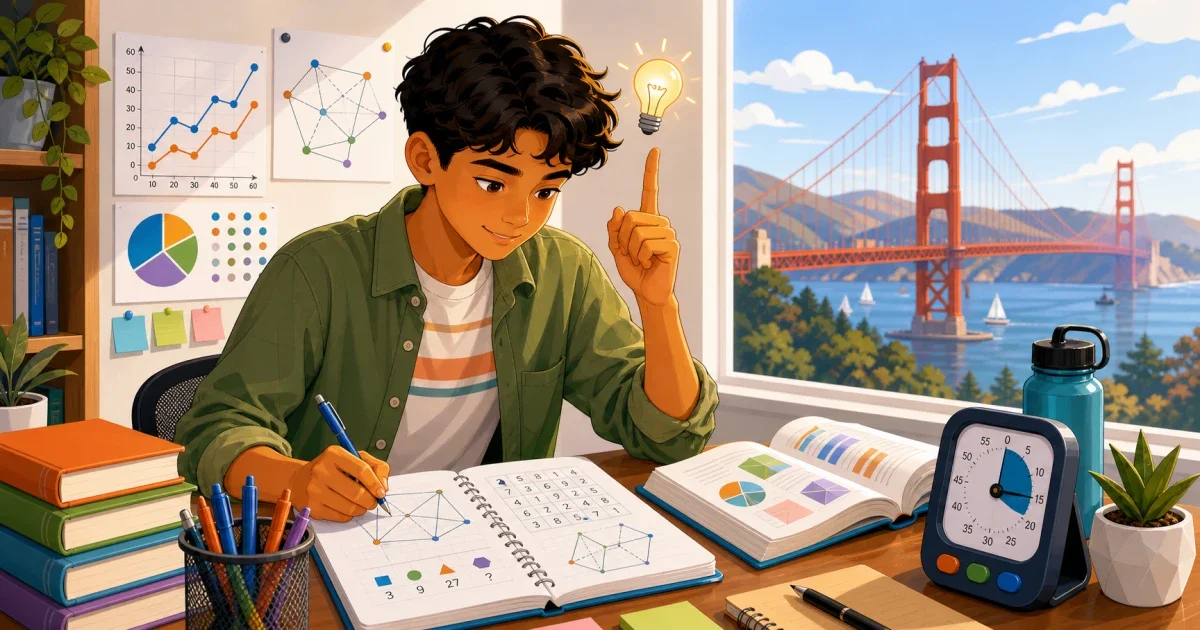Middle school girl solving HSPT quantitative reasoning problems at a desk with two pencils and no calculator, preparing for Carondelet High School admissions