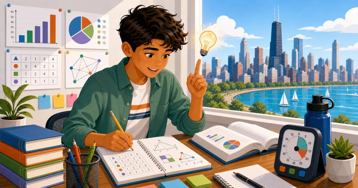 Flat illustration of a middle school student working through logic and number pattern problems on a worksheet, with STEM-themed icons and a Michigan school setting in the background