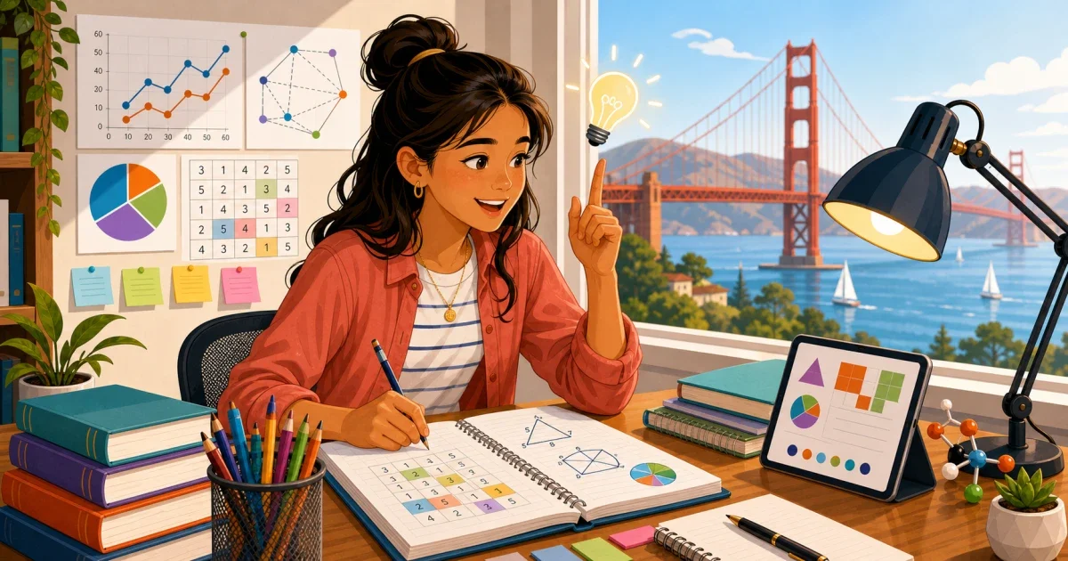 Flat illustration of an 8th-grade girl studying a number series problem at a desk, with a Mercy High School pennant and STEM icons in the background