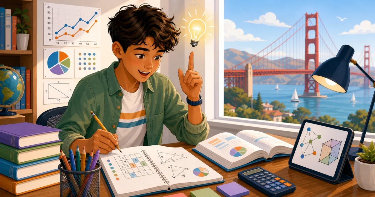 Flat illustration of a middle school student solving a number series problem on paper at a desk, with STEM-themed icons in the background representing pattern recognition and critical thinking