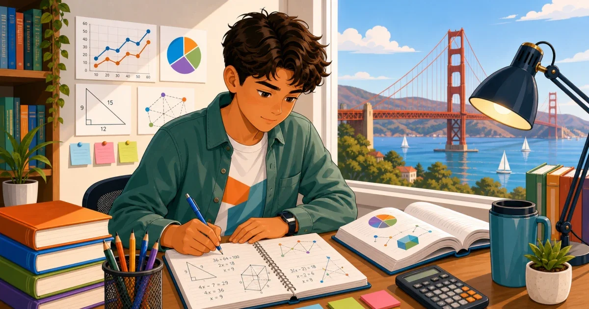 Flat illustration of a student solving a number pattern problem on paper with geometric shapes and a pencil, representing HSPT quantitative skills practice for Notre Dame Belmont applicants