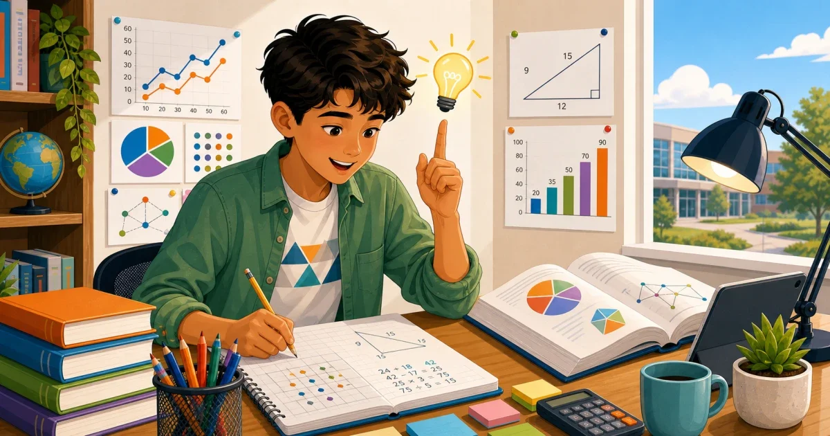 Flat illustration of a student solving number pattern problems at a desk with STEM symbols and a stopwatch, representing HSPT quantitative skills preparation