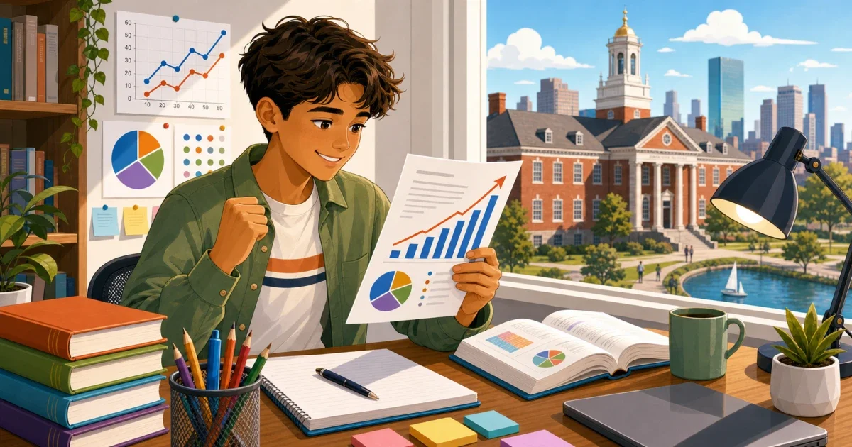 Flat illustration of a focused student at a desk with STEM symbols and a Boston skyline in the background, representing HSPT test preparation for Malden Catholic High School