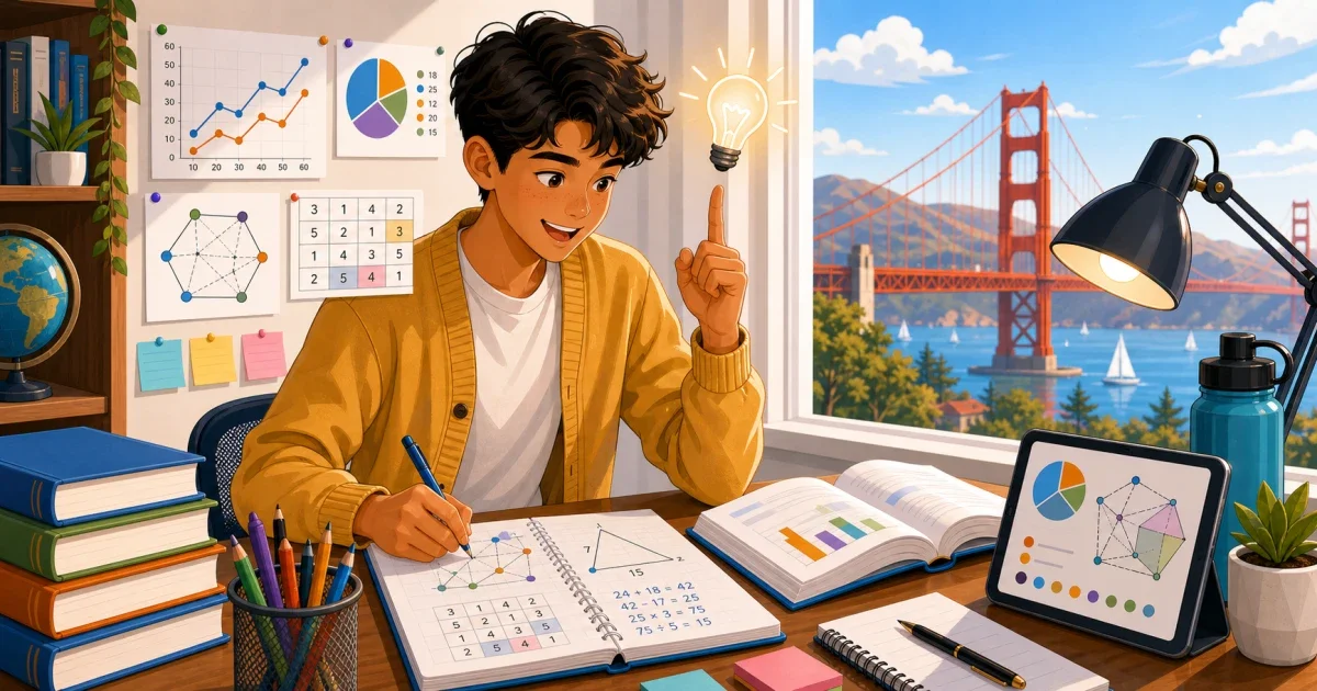 Flat illustration of an 8th-grade student studying HSPT quantitative reasoning and verbal skills problems at a desk with Bay Area school imagery in the background