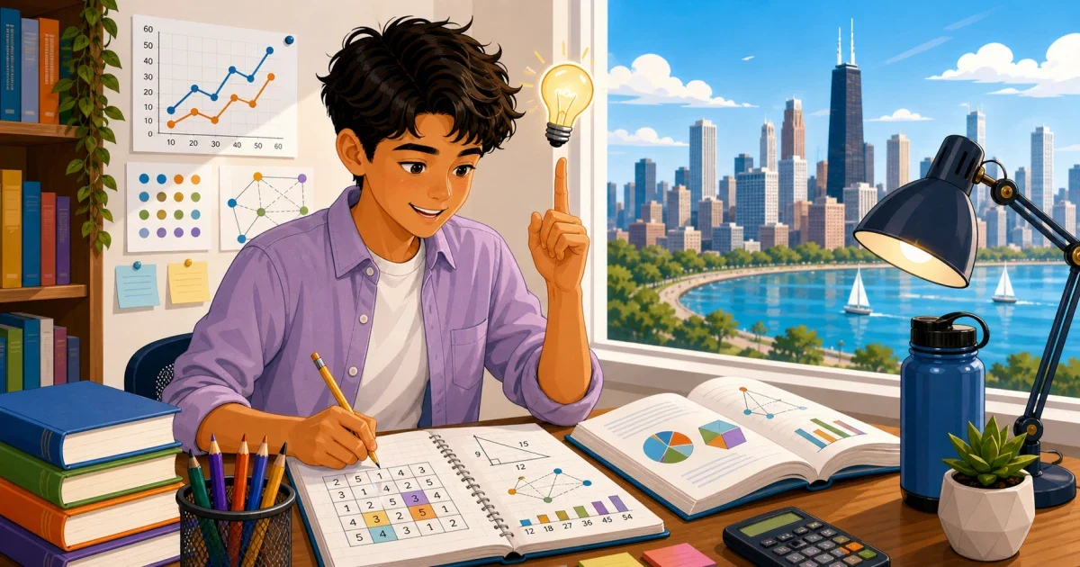 Flat illustration of an 8th-grade student solving a number series problem at a desk, with a Chicago skyline and school building in the background, in bright blue and gold tones