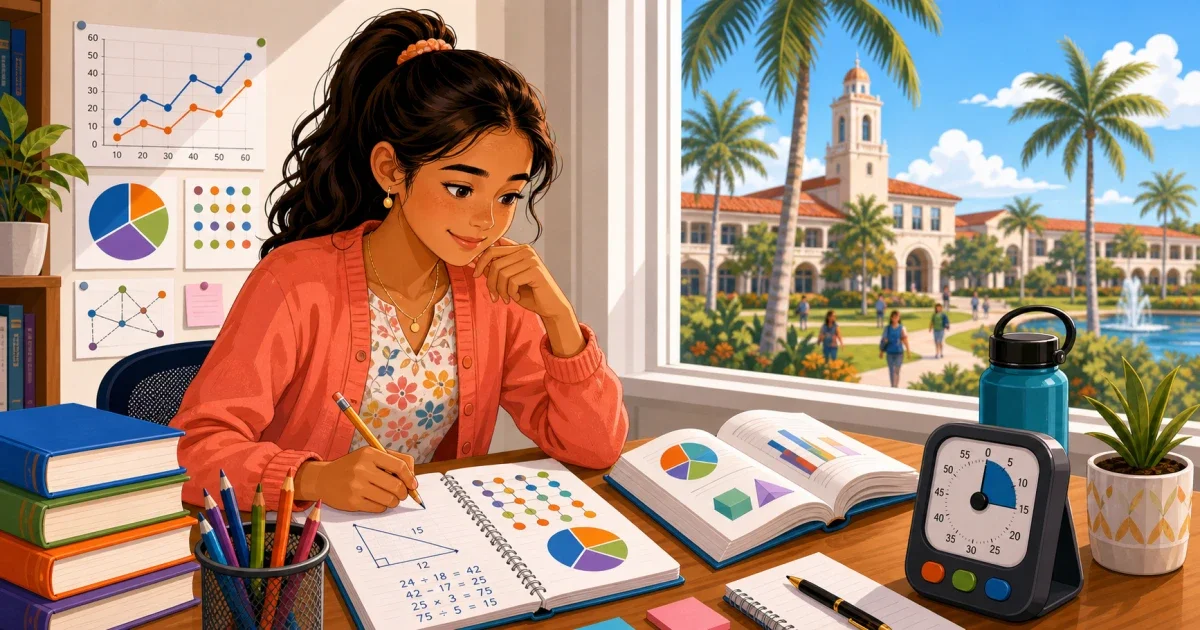 Flat illustration of an 8th-grade student studying science and math problems at a desk, with Tampa Bay skyline in the background EDITORIAL NOTE: Verify the current name of the merit scholarship with Tampa Catholic's admissions office before publishing. The draft references 'Pope Leo XIV Merit Schola
