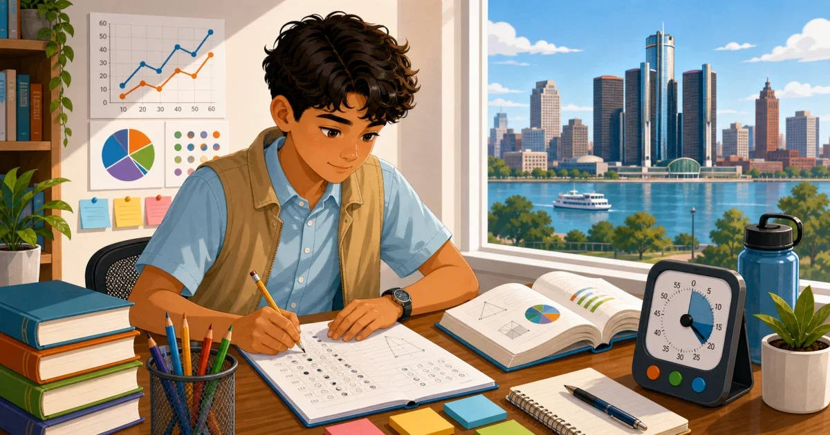 Flat illustration of an 8th grade student studying at a desk with Detroit city skyline in the background, representing HSPT practice test prep for Detroit examination high schools