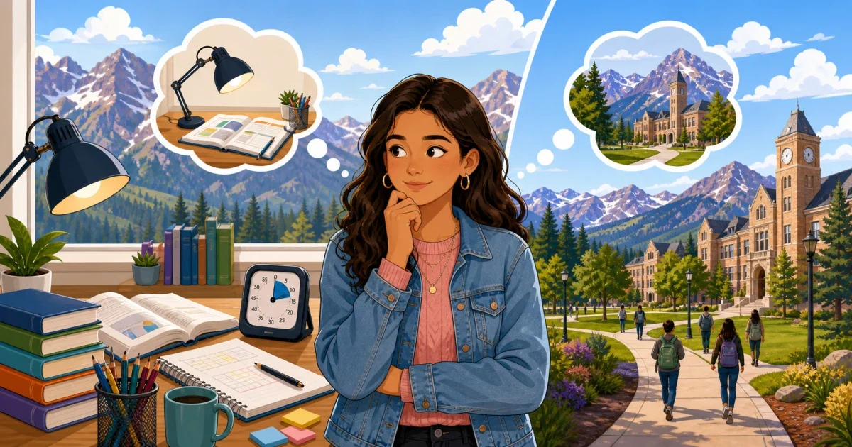 Flat illustration of a young female student reviewing math and verbal test prep materials at a desk, with Denver mountain skyline in the background