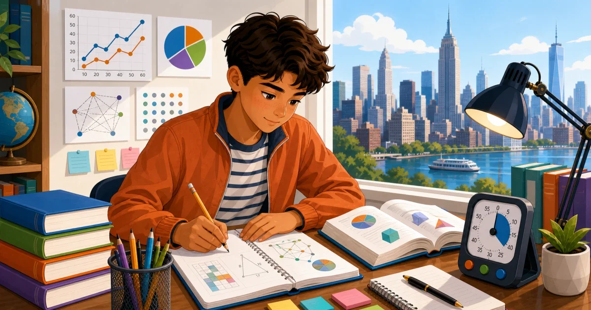 Flat illustration of a focused student at a desk reviewing math and reading materials, with NYC skyline elements in the background suggesting Hunter College High School test preparation