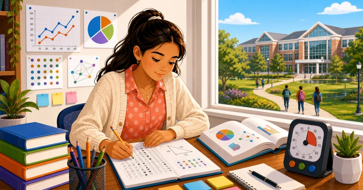 Flat illustration of a middle school student at a desk with math and writing materials, preparing for the Walter Reed IHP assessment