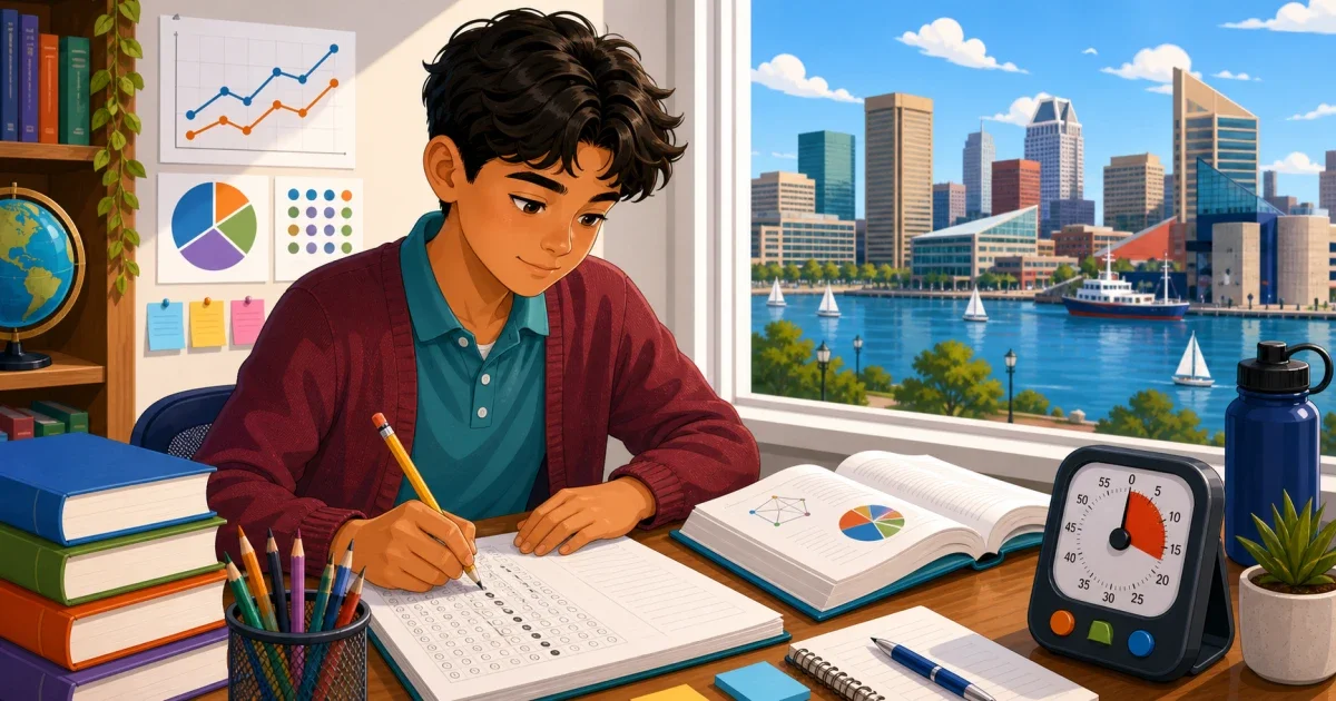 Flat illustration of a student at a desk solving math and reasoning problems, with Baltimore Polytechnic Institute building in the background, bright professional colors