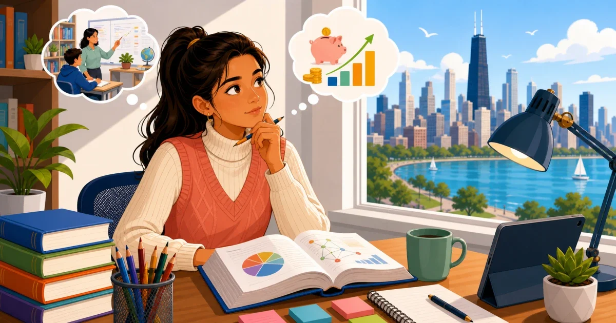 A focused middle school student sitting at a computer taking a digital practice test, with math equations and reading comprehension icons displayed on screen, flat illustration style in bright blue and green tones