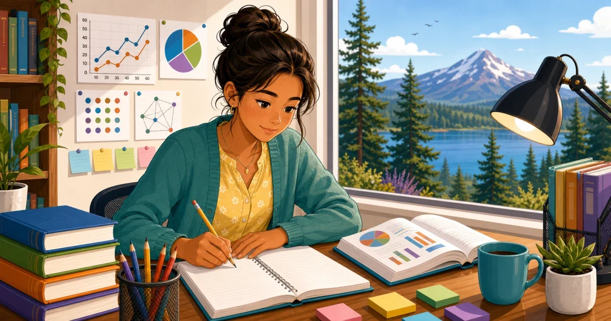 Flat illustration of a student writing an essay at a desk with STEM books and a Seattle skyline in the background