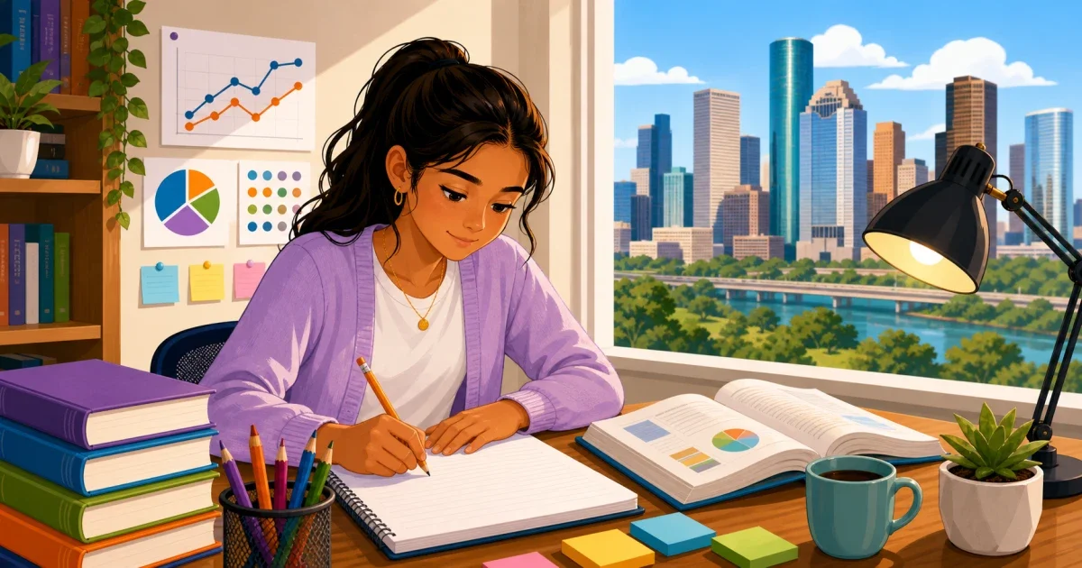 Flat illustration of a focused 8th-grade girl writing by hand at a desk, with a Houston skyline in the background, representing ISEE essay prep for St. Agnes Academy admissions