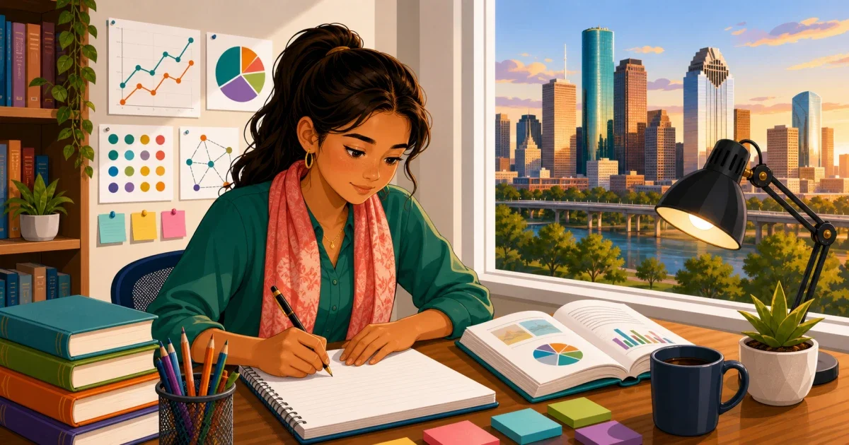Flat illustration of a student writing at a desk with an essay prompt and ISEE test booklet, representing St. Thomas High School ISEE preparation in Houston