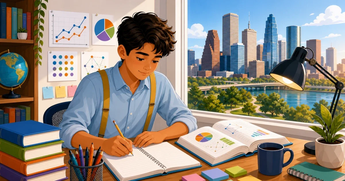 ISEE essay tips illustration — 8th-grade student writing at a desk with a Houston skyline in the background, representing ISEE Upper Level preparation for Strake Jesuit College Preparatory