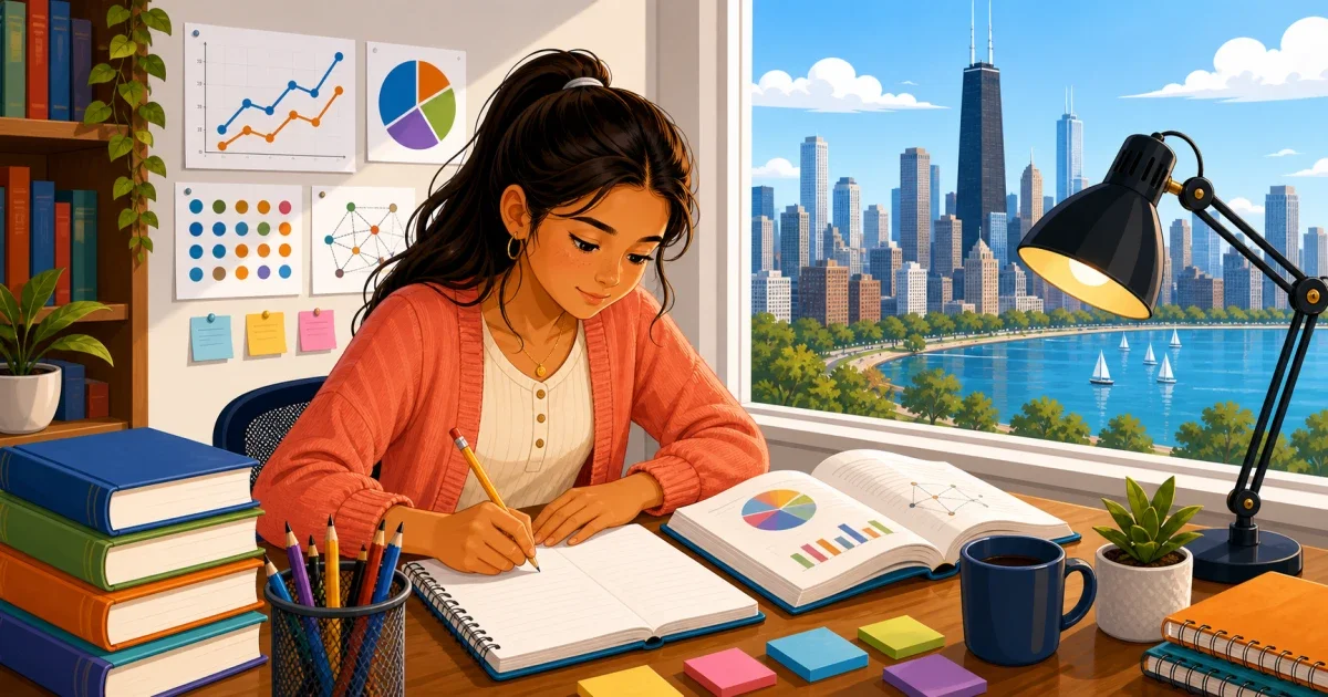 Flat illustration of a student writing an essay at a desk with University of Chicago gothic architecture in the background, bright blue and gold color palette